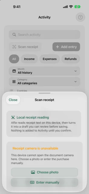 Alfie Budget on-device receipt capture and review